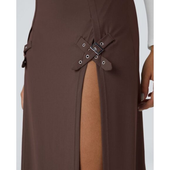 Halara High Waisted Decorative Buckle Split 2-in-1 Maxi Casual Skirt Sz Large Br - Picture 7 of 10